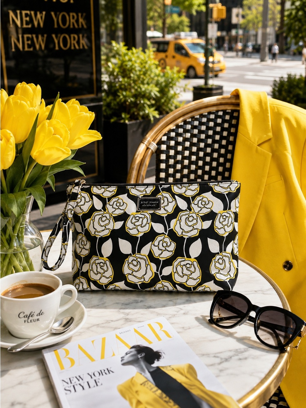 Betsey Johnson Black, White & Yellow Floral Wristlet Clutch w/ Rose Print Lining - Picture 3 of 16